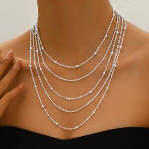 Silver Layered Multi Strand Chain Necklace Adjustable Beaded Choker Statement